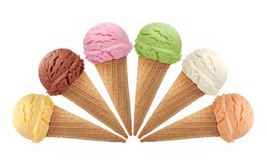 Strawberry, chocolate, vanilla and mint ice cream scoops or balls in cones isolated on white...