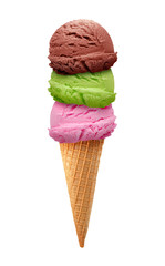 Mixed ice cream scoops with cone isolated on white background	