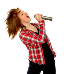 Country Western Girl Singing Into Microphone