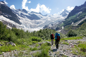 Fototapeta na wymiar Hikers in Caucasus mountains