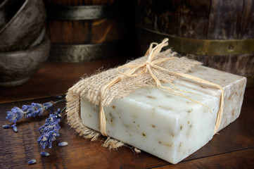 Natural soap bar with lavender flowers