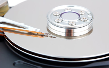 Detailed view of the inside of a hard disk drive (HDD)