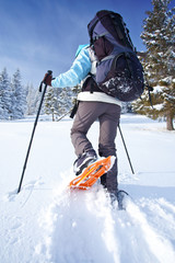 Hiker walks in snow forest
