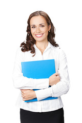 Portrait of young businesswoman with blue folder, isolated