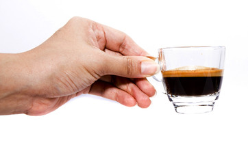 hand and mini coffee on white backgrounds isolated