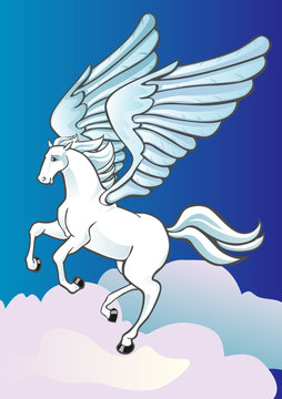 Pegasus soaring in the clouds in the sky