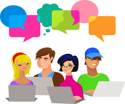 young people with speech bubbles and computers