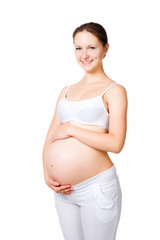 pregnant woman holding  piggy bank