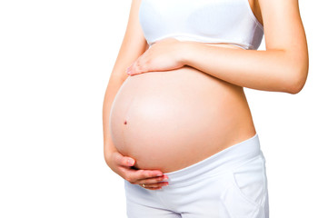 pregnant woman holding  piggy bank