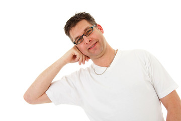 isolated man in white t-shirt is leaning