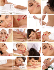Obraz na płótnie Canvas A collage of images with portraits of women on spa procedures