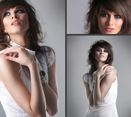 A collage of images with a young woman in a white dress