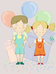 vector boy and girl holding hands with balloons and presents at