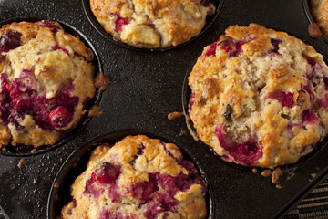 Freshly baked cranberry oat muffins with walnuts
