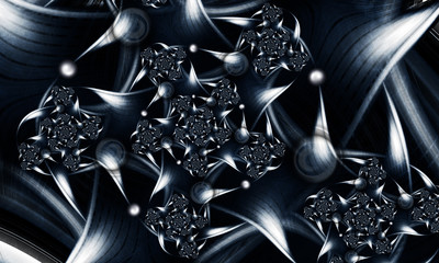 Plakat Dark Blue and White Fractal Spiral with Silver Pearls