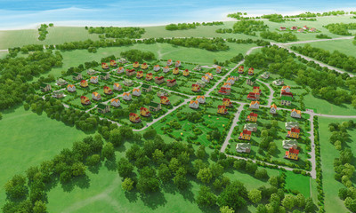 Small green village from above. 3d rendering.