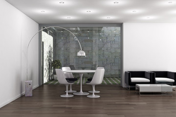 Interno con 2 poltrone e tavolo con sedie