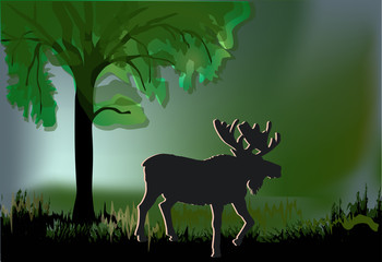 elk silhouette under green tree