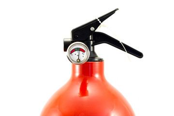 Fire extinguisher closeup with pressure manometer on white