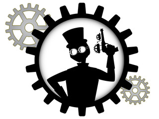 silhouette of steampunk man holds gun inside gear