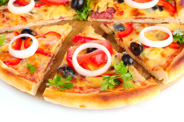 pizza on a wooden stand