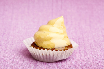 Beautiful little cake on colorful wallpaper background