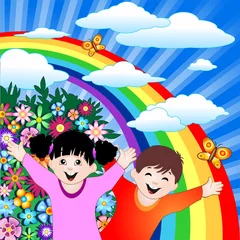 Papier Peint photo autocollant Arc en ciel Bambini Felici con Arcobaleno-Happy Children et Rainbow-Vector