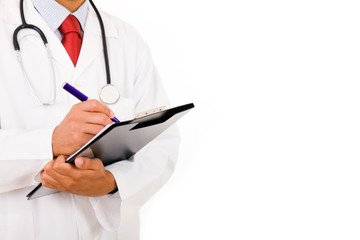 Close up of medical doctor with stethoscope writing. Isolated ov