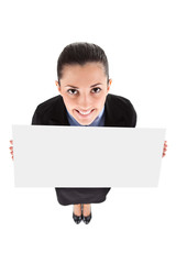 funny businesswoman with blank banner