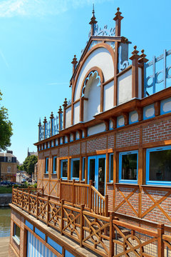 Boat house in the center of Amiens, France. On the shore of the