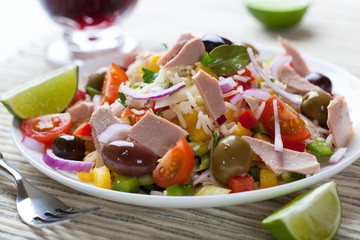 Rice salad with vegetables and olives