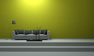 Sofa auf Treppe vor grüner Wand