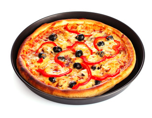 pizza in pan isolated on white