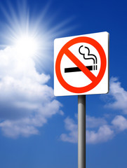 signs No smoking. on the blue sky background.