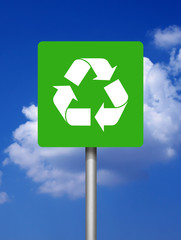 Recycle green signs on blue sky background