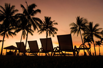 Row deckchairs on beach at sunset,