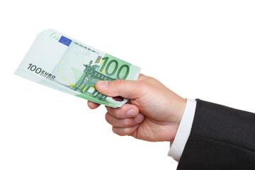 Hand of businessman holding one hundred euro banknotes.