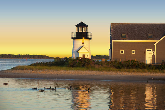 Hyannis harbor lighthouse at sunset