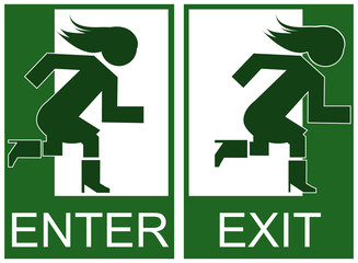 Green emergency exit and enter sign, icon and symbol