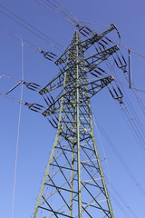 Power line pylon with electrical equipment