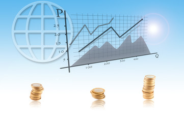 gold coins with graph on virtual display