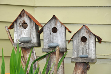 Three wooden birdhouses