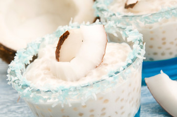 Coconut pudding with tapioca pearls and litchi jelly