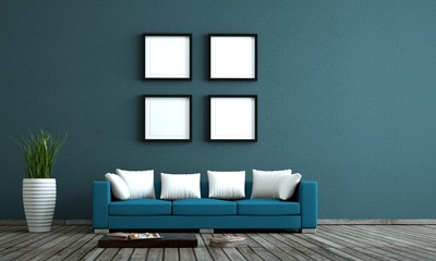 blaues Sofa vor blauer Wand mit Bildervorlagen