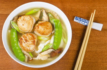 Bowl of Noodle Soup with Pan Seared Scallops