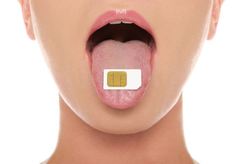 Sim card on his tongue hanging out woman