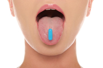 Pill on his tongue hanging out woman
