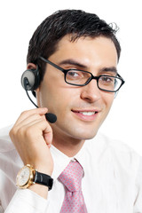 Portrait of support phone operator in headset, isolated