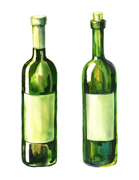 Watercolour illustration of 2 green wine bottle