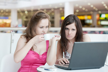Two girls work on a laptop, sitting in cafe in shopping center